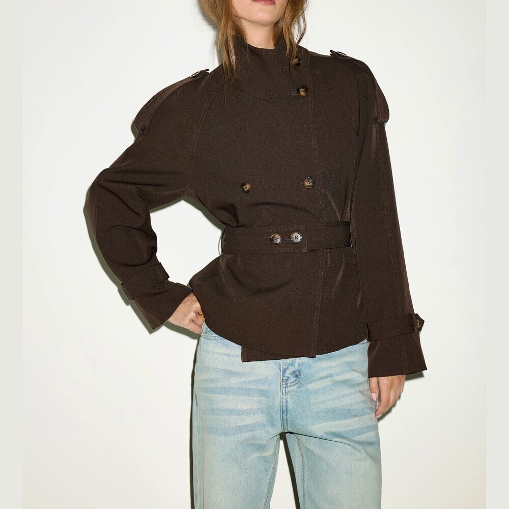 Brown Belted Double Breasted Epaulette Short Cropped Trench Coat Jacket